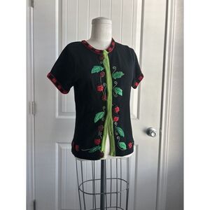 Victoria Harbor Ladybug Knit Short Sleeve Cardigan Sweater Womens S Red Artsy‎